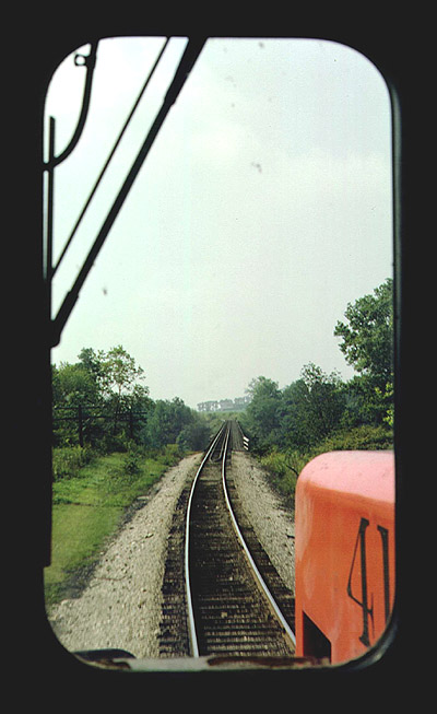 image copyright Jim Sinclair - do not use without permission - aboard southbound DT&I train approaching the trestle at Quincy August 27, 1977